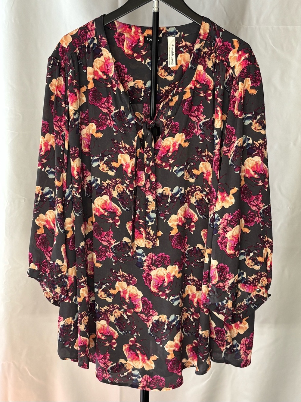 Torrid Black Floral Blouse with Pink, Peach & Blue Blooms Plus Size 3/4 Sleeve